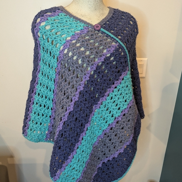 Peacock Artisan Knit Hand Poncho Sweater, Blue, Purple, Teal One Size Acrylic - Picture 9 of 13